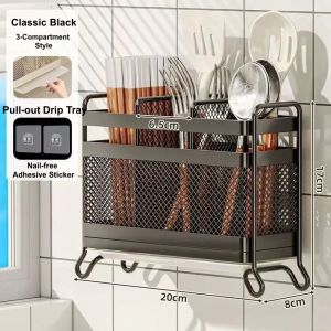 Rust Proof Wall-Mounted Chopsticks Storage Holder Metal Mesh Cutlery Draining Rack with Drain Tray Countertop