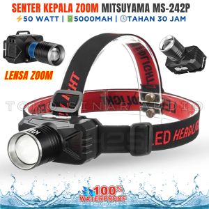 Senter Kepala  MITSUYAMA MS-242P Original Super Terang 50 Watt Lensa Bisa Di Zoom Tahan 30 Jam Waterproof Cas USB Type-C Tahan Lama Senter Zoom Senter Kepala Mini LED