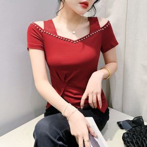 2025 Summer Womens Fashion High end Slimming and Slimming Solid Color Off Shoulder Simple and Casual Western V-neck Short sleeved T-shirt