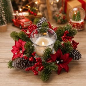 Wonderful Days Christmas Candle Wreath Holder Red Berries Pine Cone Table Centerpiece Home Party Festive Decor