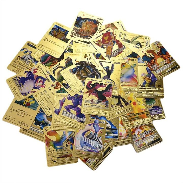 54 Pieces Of Pokemon Gold Cards Box Golden Letter Spanish Playing Cards Metalicas Charizard Vmax