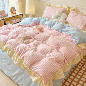 Lace Korean Style Lotus Leaf Washed Cotton Bedding Set for Girls Princess Student Dormitory Bed Sheet Quilt Cover Three-Piece Set LZD