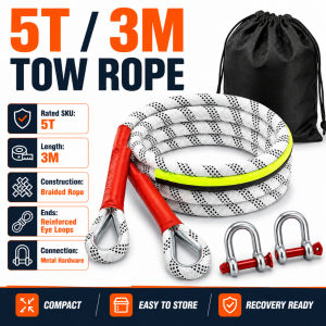 Heavy Duty Tow Rope 5T 10T 18T 25T 3M-9M Braided Car SUV Recovery Rope with U-Shackle & Bag