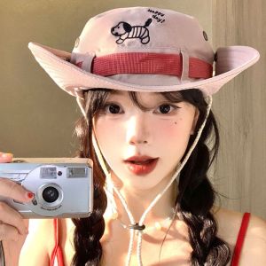 BEAUTYLADIES ปีกใหญ่ หมวกคาวบอยตะวันตก วายทูเค หมวกบังแดด หมวกกันแดดแบบชาวประมง ลำลอง หมวกป้องกันแสงแดด หมวกบัคเก็ตสำหรับลูกสุนัข ผู้หญิง