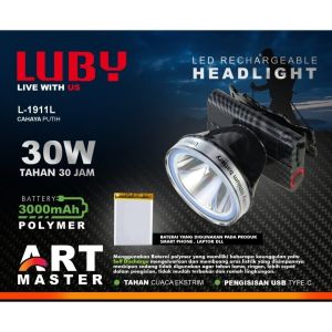 Senter Kepala LUBY L-1911L L 1911L 30W 30Watt tahan hingga 30 Jam | Senter Kepala Super Terang Cahaya Putih Kapasitas Baterai 3000 mAh Senter Kegiatan Outdoor Rekreasi Berkemah Atau Mendaki