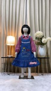 Dress jeans angsa bordir mix shakila anak perempuan usia 3 - 10 tahun | baju dress denim princess 2in1 model korean style