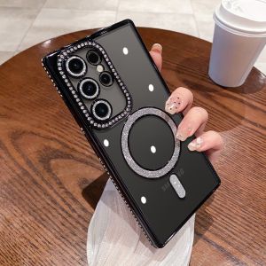 CrashStar Magsafe Plating Glitter Diamond Edge Gorgeous Fashion Hard Shockproof Phone Case For Samsung Galaxy S24 FE S25 Ultra S23 Plus + S22 Ultra Wireless Charging Phone Casing Transparent Bling Luxury Phone Cover Shell With Glitter Lens Film Protection