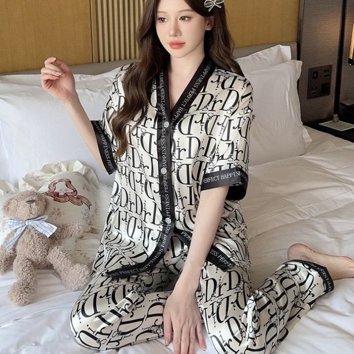 Plus Size 3XL Loungewear for Woman Ice Silk Fashion Letter Design V-neck  Short Sleeve Long Pants Pajama Set Comfy Breathable Lounge Wear Pajamas