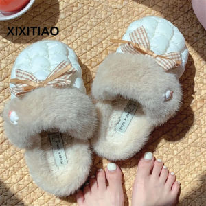 Xixitiao Dép cotton ấm áp Giày nơ hình trái tim cô gái Hàn Quốc Giày nữ đế dày mùa đông học sinh nhà Dép cotton thoải mái