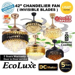 ECOLUXE DC Motor Chandelier Ceiling Fan with Light Crystal Fan 42" 3 Colour LED 6 Speed Remote Control Invisible Blades
