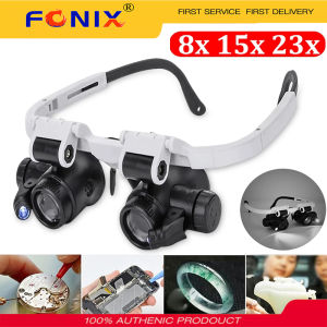 FONIX 8X15X23X Telescope Magnifier Dual,2LED Head-Mounted Illuminating Microscope Headband Repair LED Lamp Light Magnifying Glass with 8x 15x 23x Magnifier Loupe