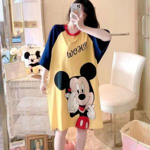 Summer Loose Sweet And Cute Cartoon Short Sleeved Mid To Long Womens Outerwear Short Sleeved Jumpsuit Nightgown