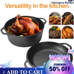 2 in 1 Cast Iron Dutch Oven with Lid for Bread Baking and Camping Cooking Heavy Duty Black Coating