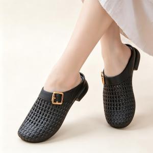 2026 New Breathable Woven Mules Slippers Women Open Toe Hollow Out Diamond Mesh Sandals Casual Slip On