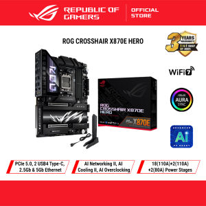 ASUS ROG Crosshair X870E Hero AMD ATX motherboard 18+2+2 power stages DDR5 slots PCIe® 5.0 with full support for next-gen GPUs five M.2 slots Wi-Fi 7 USB4® AI Overclocking
