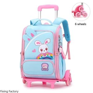 Cartoon Childrens School Bags with 6 Wheeled Trolley Backpack Teenagers Girls Rolling Backpack Students Kids Backpack