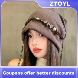 【ZTOYL】 Vintage Y2k Baggy Cap Star Fringed Boho Chain Decor Beanies Cap Versatile Ethnic Style Autumn Winter Pullover Hats Streetwear