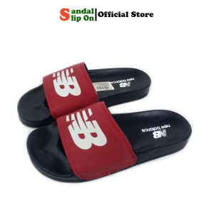Sandal slide Casual New Balance pria wanita tipe selop slip on warna hitam upper merah list putih grade premium