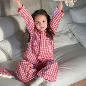 New Girls Spring Autumn Stylish Pajamas Cartoon Plaid Long Sleeve Sleepwear Two Piece Set2026