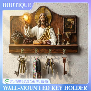 QUIVLOX Wooden Flat Jesus Key Holder Religious Wall Mounted Key Rack Hanger for Home Catholic Decor Gift