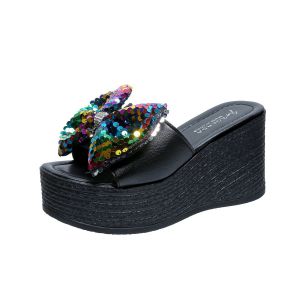 [Free Shipping] Plus-Size Sequin Bow Fish-Mouth Beach Sandals New Wedge-Heeled Platform Slippers For Women