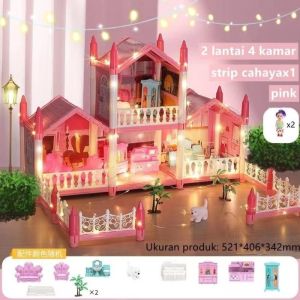 Mainan Villa LAMPU building villa princess house Mainan Anak Perempuan Rumah frozen  Boneka Besar 3D Princess Big Pink Villa DIY Doll House Lengkap Perabot Rumah dengan Lampu TERLARIS