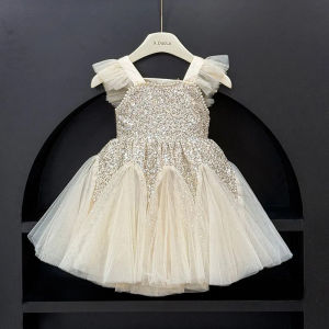 Kids Girl Clothes Sequined Flying Sleeves New Summer Party Dresses For Girls Elegant Mesh Vest Skirt Princess Dress Evening Prom