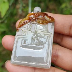Collectible Rare Brown with Red Natural Type A Jadeite Pendant Necklace crafted with Bat Coins Old school Style Dragon and chinese word blessing Symbols of Money Luck and lots of blessing Certificate included weigh 25.61 grams 45.5 * 29.9 * 7.5 mm