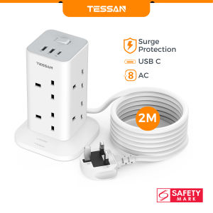TESSAN Extension Power Socket Power Strip with USB 2 Extension Cord Multi Plug Surge Protector Adapter with 8 Outlets USB-C Power Extension 2M/3M Extension Wire  Power Adapter