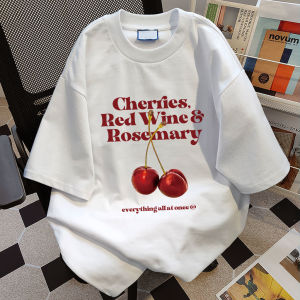 เสื้อยืดสีฟ้า oversize TIHIK 100%Cotton T-shirt เสื้อยืดแขนสั้นพิมพ์ลายเชอร์รี่หลวม T1831