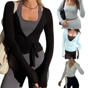 Breathable Coquettes Blouses for Women Wrap Top Long Sleeves Crop Tops V-Neck Yoga Shirt Tie Up Workout Ballet Top