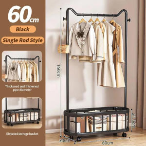 Double-Layer Rolling Clothes Rack with Bottom Storage Basket Portable Garment Rack with Wheels Metal Simple Modern 60cm/80cm/100cm White/Black Laundry Accessory