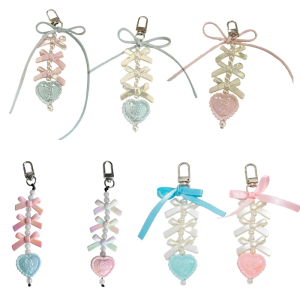 Handmade Bowknot and Heart Charm Keychain with Pearls Bag Pendant Accessories Stylish Car Key Ring for Daily Use
