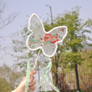 FOUNDTWO Handheld Chinese Style Fan Long Handle Decorative Embroidery Fan Elegant with Tassels Hanfu Fan Dance
