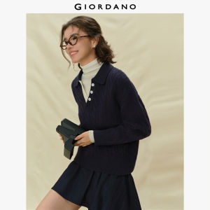 Giordano Women Cable-Knit Knitted Pullover with V-Shaped Lapel & Contrast Color Free Shipping 18355704