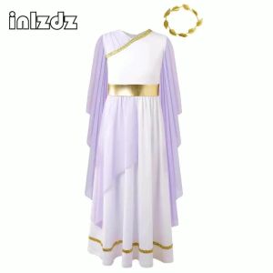 Girls Grecian Toga Costume Outfits Ancient Greek Deity Flowy Tulle Gown Dress Princess Long Robe for Halloween Performance Party2026