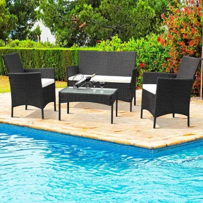 4 Pieces Patio Outdoor Rattan Wicker Chair Conversation Balcony Poolside Furniture Sets with Soft Cushion