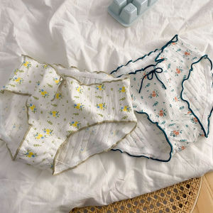 กางเกงชั้นในผ้าฝ้ายบริสุทธิ์สำหรับหญิงสาวลายดอกไม้สดใสผ้าฝ้ายต้านเชื้อแบคทีเรียผ้าฝ้ายบริสุทธิ์แต่งระบายแนวกางเกงใส่สบาย