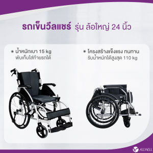 วีลแชร์ ALLWELL ยกแขนได้ มีล้อหลังกันหงาย รถเข็นผู้ป่วย Wheelchair พับได้ ล้อใหญ่ 24 นิ้ว สีดำ