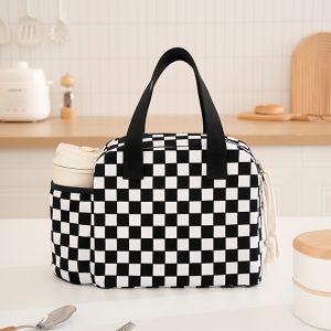 Portable Checkered Corduroy Lunch Bag Large-Capacity Half-Moon Bento Carrier RH2571