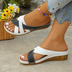 Free Shipping Color-Blocked Wedge Sandals WomenS Plus-Size New Summer Style Thick-Soled Criss-Cross Strap Beach Sandals Size 43