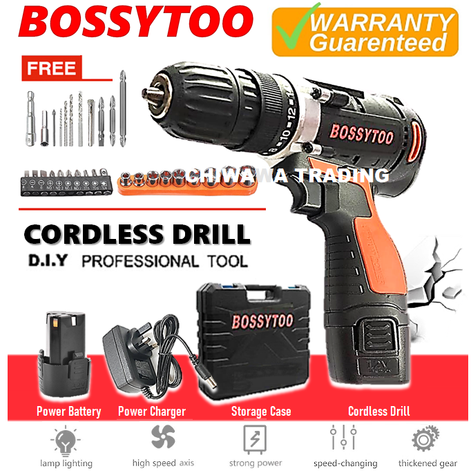 BOSSYTOO 12V LiIon Battery Cordless Drill Speed Control Drilling Screw Driver Power Tool + LED