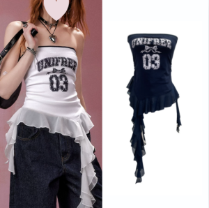 TT74 球衣风甜辣妹 实拍 American Retro Sporty-chic Tube Top Mesh Ruffles Ribbon Sleeveless Top 美式复古字母印花撞色抹胸上衣 百搭拼接网纱飘带无袖背心