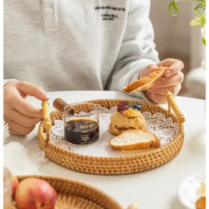 Keranjang Rotan Nampan Baki Round Rattan Storage Tray Basket with Handle