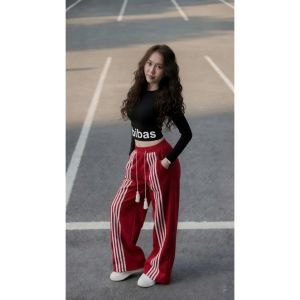 Set street style Hotgirl Croptop dài tay và quần suông sọc 3 line