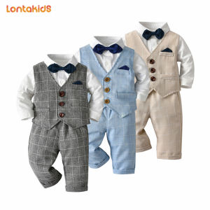 lontakids เด็กวัยหัดเดินเด็ก4ชิ้น (เสื้อกั๊ก + กางเกง + เสื้อ /Romper + Bowtie) สีกากีสีฟ้าสีเทาลายสก๊อตเสื้อกั๊กชุดงานแต่งงานอย่างเป็นทางการสวมใส่เด็กสุภาพบุรุษชุด