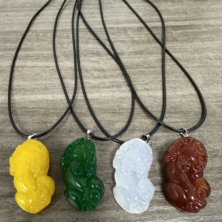 Blessing Pixiu Chalcedony Jade Stone Pendant Necklace with Leather