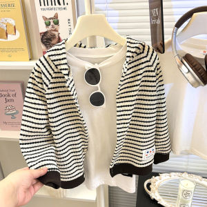 LalaLabubu พร้อมส่งจากไทย! เสื้อคลุมเด็กวัยรุ่น 100-170 คาร์ดิแกนฮู้ดถักลายทาง สไตล์คุณหนู แฟชั่น