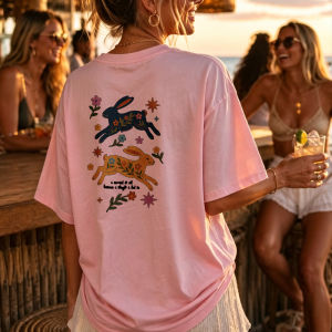 [Local Stock] HBESTY  Embroidered Crew Neck Short Sleeve T Shirt with Rabbits Floral Stars Pink Quote Funny Outdoors High Quality Cotton Short-sleev