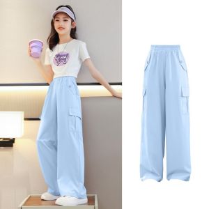 New Cargo Pants for Girls 5-16Years Old Kids Loose Pants for Teens Girls 4 Pocket Wide Leg Pants Baggy Pants Summer Pants Elasticated High Waist Pants Fashion Casual Korean